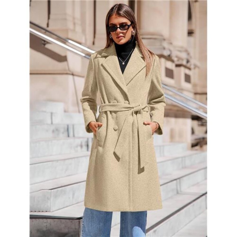 Women's Winter Lapel Collar Pea Coat Double Breasted Long Overcoat Trench Coat - Picture 6 of 7